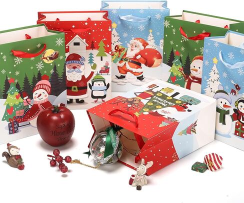 HOLYFUN 24 Pack 9" Christmas Gift Bags with Handles for Kids, Paper Xmas Bags for Christmas, Birthday and Holiday Party in Kuwait
