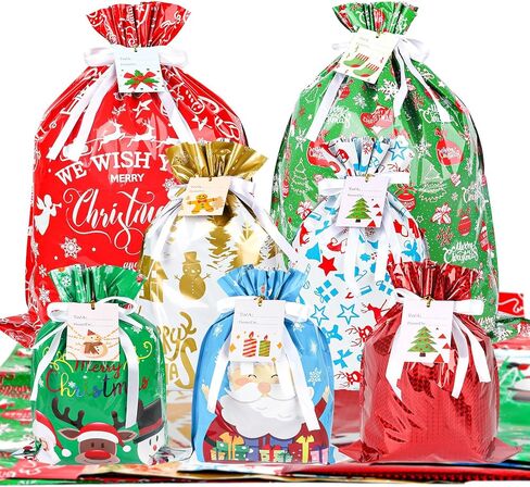 أكياس هدايا عيد الميلاد من كيشمنيو، أكياس هدايا برباط مع علامات شريطية لهدايا العطلات، 20 قطعة من أكياس تغليف هدايا عيد الميلاد من رقائق الكريسماس لهدايا عيد الميلاد (كبيرة متوسطة صغيرة) in Kuwait