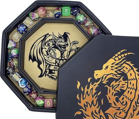 Fantasydice-Chromatic Dragon - مع صينية نرد فنية رول أو قالب - مثمن 8 بوصة مع غطاء ومنطقة تخزين النرد - يحمل 5 مجموعات من النرد (7 / قياسي) لجميع ألعاب تقمص الأدوار على الطاولة مثل D&D، Call of Cthulhu in Kuwait