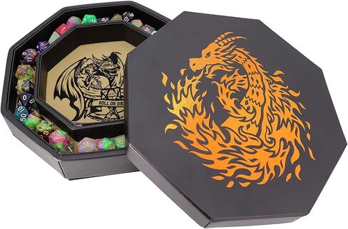 Fantasydice-Chromatic Dragon - مع صينية نرد فنية رول أو قالب - مثمن 8 بوصة مع غطاء ومنطقة تخزين النرد - يحمل 5 مجموعات من النرد (7 / قياسي) لجميع ألعاب تقمص الأدوار على الطاولة مثل D&D، Call of Cthulhu in Kuwait