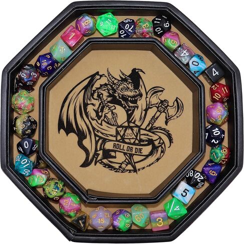 Fantasydice-Chromatic Dragon - مع صينية نرد فنية رول أو قالب - مثمن 8 بوصة مع غطاء ومنطقة تخزين النرد - يحمل 5 مجموعات من النرد (7 / قياسي) لجميع ألعاب تقمص الأدوار على الطاولة مثل D&D، Call of Cthulhu in Kuwait