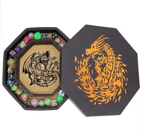 Fantasydice-Chromatic Dragon - مع صينية نرد فنية رول أو قالب - مثمن 8 بوصة مع غطاء ومنطقة تخزين النرد - يحمل 5 مجموعات من النرد (7 / قياسي) لجميع ألعاب تقمص الأدوار على الطاولة مثل D&D، Call of Cthulhu in Kuwait