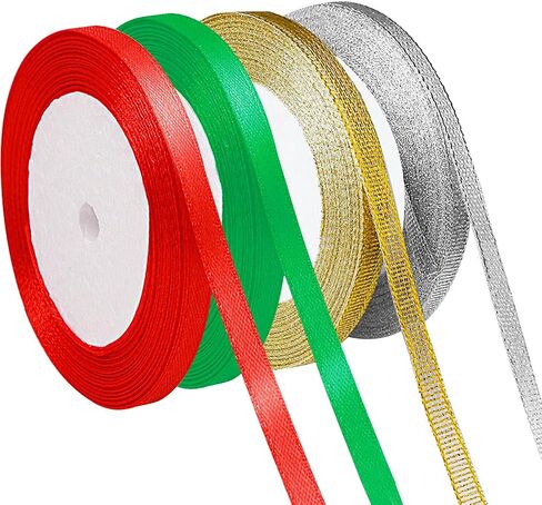 4 أشرطة أشرطة بطول 100 ياردة وعرض 10 مم لتغليف هدايا الحفلات وتزيينها، ذهبي، فضي، أحمر، أخضر in Kuwait