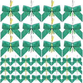 Glitinsel 36 Pieces Christmas Bow with Bell 3.5" 1.5" Christmas Tree Bowknot Glitter Ribbon Christmas Wreath Bows Xmas Twist Tie Bows for Boxes Gift Wrapping Party Hanging Ornament(Green)