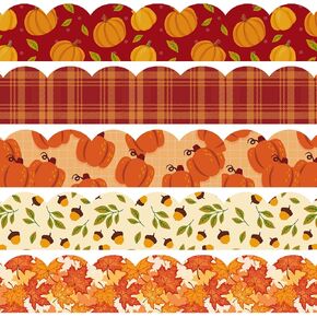 Whaline 69Ft Fall Bulletin Board Borders 5 Design Maple Leaf Pumpkin Plaid Trim Board Borders Self-Adhesive Autumn Decoration Borders for School Classroom Office Party Thanksgiving Decoration, 60Pcs in Saudi Arabia