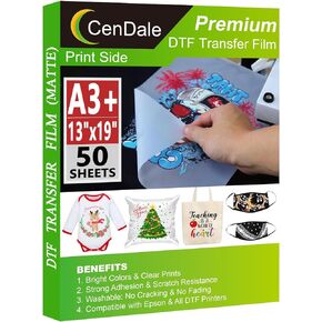 فيلم نقل CenDale Premium DTF مقاس 13 بوصة × 19 بوصة - A3 بالإضافة إلى 50 ورقة على الوجهين، أوراق معالجة مسبقة شفافة غير لامعة من PET للطباعة المباشرة بنفسك على جميع الأقمشة والألوان والقمصان والمنسوجات