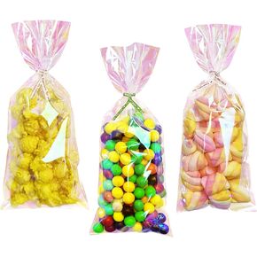 Yotelab Cellophane Treat Bags, 5x11 Inches Iridescent Holographic Cellophane Goodie Bags, Party Favors Bag with Twist Ties,100Pieces