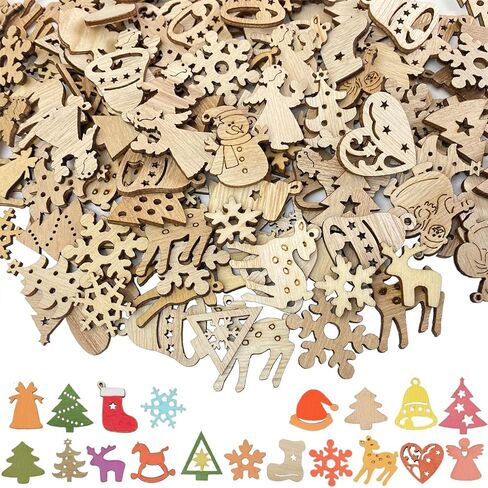 200 Pcs Unfinished Mini Wooden Ornaments Christmas Christmas Theme Natural Wood Slices DIY Mini Wood Cutouts Ornaments Art Craft Christmas Decoration in Kuwait
