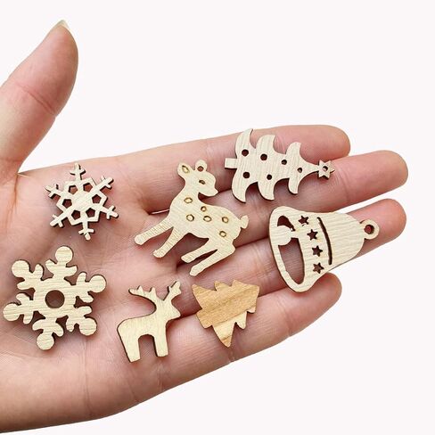 200 Pcs Unfinished Mini Wooden Ornaments Christmas Christmas Theme Natural Wood Slices DIY Mini Wood Cutouts Ornaments Art Craft Christmas Decoration in Kuwait