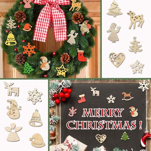 200 Pcs Unfinished Mini Wooden Ornaments Christmas Christmas Theme Natural Wood Slices DIY Mini Wood Cutouts Ornaments Art Craft Christmas Decoration in Kuwait