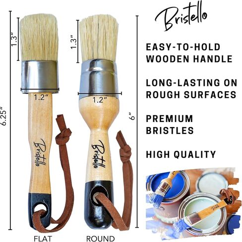 Bristello Chalk & Wax Paint Brush Set. 1x Flat Furniture Paint Brush and 1x Round Chalk Brushes for Furniture. 1" Small Paint Brush Duo – Stencil Brush, Milk Paint and Wax Paintbrush in Kuwait