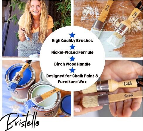 Bristello Chalk & Wax Paint Brush Set. 1x Flat Furniture Paint Brush and 1x Round Chalk Brushes for Furniture. 1" Small Paint Brush Duo – Stencil Brush, Milk Paint and Wax Paintbrush in Kuwait