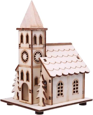 Zerodeko Christmas Wooden Village House, LED Light Up Wood Church Unfinished Mini House Decoration DIY Craft Supplies Party Favors Xmas Ornaments for Table, Centerpiece, Christmas Tree in Kuwait