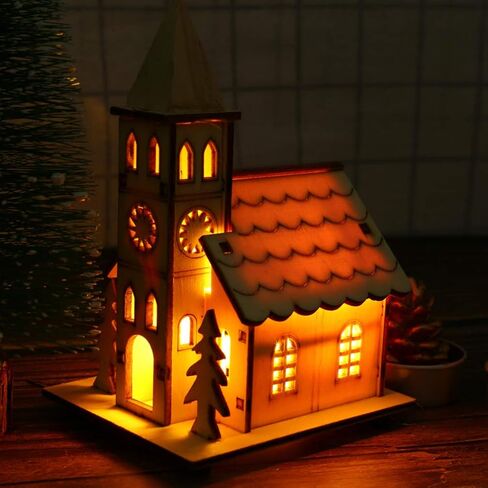 Zerodeko Christmas Wooden Village House, LED Light Up Wood Church Unfinished Mini House Decoration DIY Craft Supplies Party Favors Xmas Ornaments for Table, Centerpiece, Christmas Tree in Kuwait