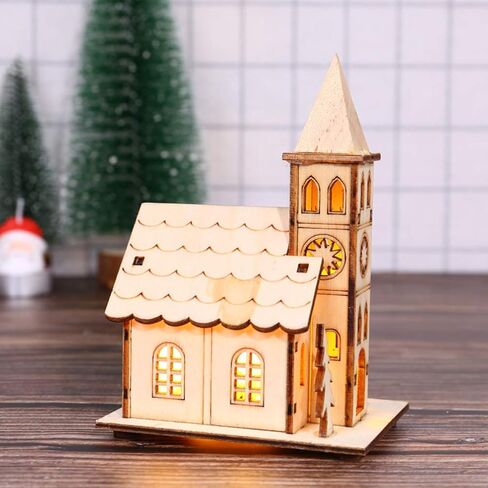 Zerodeko Christmas Wooden Village House, LED Light Up Wood Church Unfinished Mini House Decoration DIY Craft Supplies Party Favors Xmas Ornaments for Table, Centerpiece, Christmas Tree in Kuwait