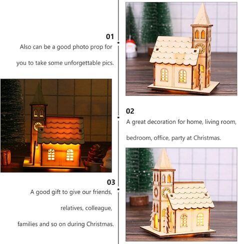 Zerodeko Christmas Wooden Village House, LED Light Up Wood Church Unfinished Mini House Decoration DIY Craft Supplies Party Favors Xmas Ornaments for Table, Centerpiece, Christmas Tree in Kuwait