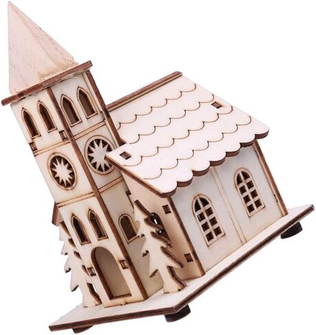 Zerodeko Christmas Wooden Village House, LED Light Up Wood Church Unfinished Mini House Decoration DIY Craft Supplies Party Favors Xmas Ornaments for Table, Centerpiece, Christmas Tree in Kuwait