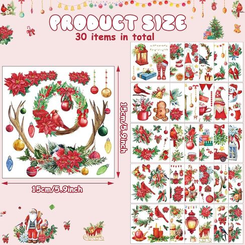 30 Sheets Christmas Rub on Transfers for Crafts and Furniture Xmas Santa Snowman Cardinals Transfer Stickers Winter Floral Bird Rub on Decal for Home Office Paper Wood DIY Crafts,5.9 x 5.9 Inch in Saudi Arabia