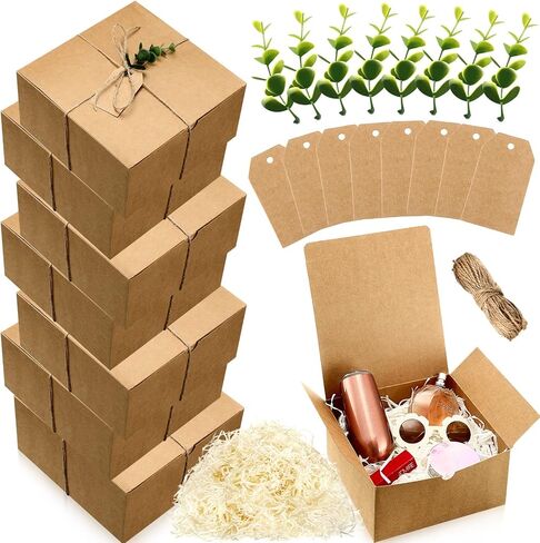 Crtiin 8 pack Gift Box Set 8 Bridesmaid Proposal Box 8 Wedding Gift Kraft Paper Tag 8 Eucalyptus 120g Leaves Paper Shred Filler 1 Rope for Valentine Birthday(8 x 8 x 4 Inch,Green, Ivory) in Kuwait