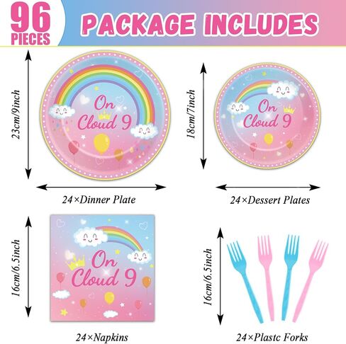 96 Pcs On Cloud 9 Birthday Decorations for Girls On Cloud 9 Party Plates and Napkins Supplies 9th BirthdayTableware Set Rainbow Themed Party Favors Serves 24 Guests in Kuwait
