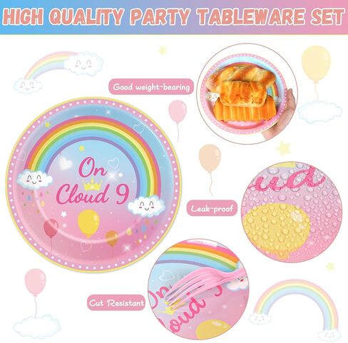 96 Pcs On Cloud 9 Birthday Decorations for Girls On Cloud 9 Party Plates and Napkins Supplies 9th BirthdayTableware Set Rainbow Themed Party Favors Serves 24 Guests in Kuwait