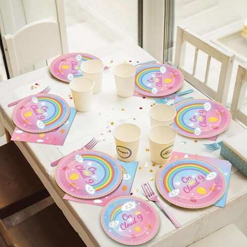 96 Pcs On Cloud 9 Birthday Decorations for Girls On Cloud 9 Party Plates and Napkins Supplies 9th BirthdayTableware Set Rainbow Themed Party Favors Serves 24 Guests in Kuwait