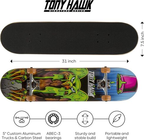 Tony Hawk 31 Inch Skateboard, Tony Hawk Signature Series 2, 9-Ply Maple Deck Skateboard for Cruising, Carving, Tricks and Downhill in Kuwait