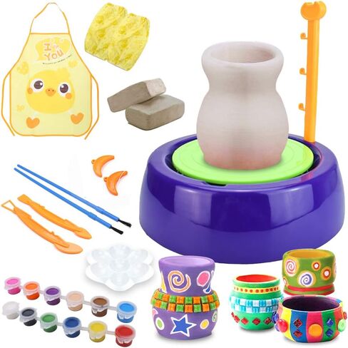IAMGlobal Pottery Wheel, DIY Pottery Studio with Apron, Craft Activity with Stickers, Artist Studio, Ceramic Machine with Air-Dry Clay, Educational Toy for Kids Beginners (Purple) in Kuwait
