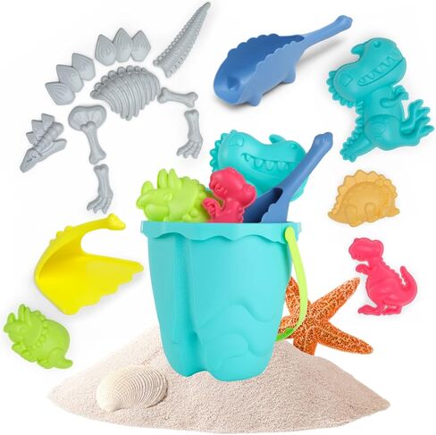 مجموعة ألعاب الشاطئ وأدوات الرمل للأطفال على شكل ديناصور - متعة في الهواء الطلق والسفر للأطفال الصغار والأولاد والبنات مع دلو دينو لمجموعة بناء القلعة الرملية - 21 قطعة من ألعاب صندوق الرمل لأعمار 3 سنوات فما فوق in Kuwait