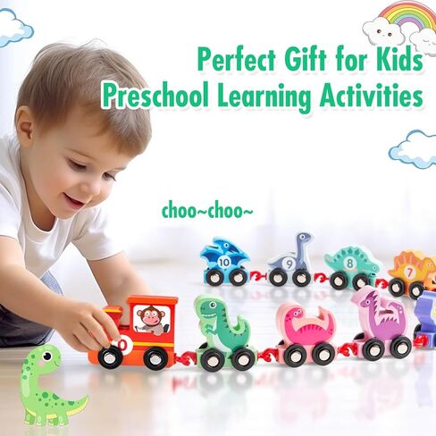 ألعاب قطار ديناصور للأطفال الصغار، ألعاب مونتيسوري للأطفال بعمر 1+ 2 3 4 سنوات مجموعة قطار ديناصور خشبي، ألعاب تعليمية لمرحلة ما قبل المدرسة هدايا عيد ميلاد للأولاد والبنات in Kuwait