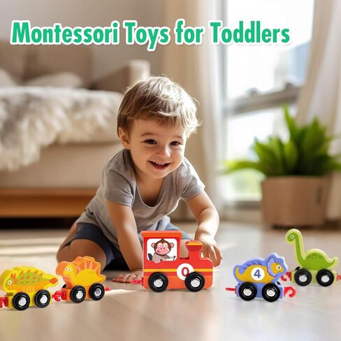 ألعاب قطار ديناصور للأطفال الصغار، ألعاب مونتيسوري للأطفال بعمر 1+ 2 3 4 سنوات مجموعة قطار ديناصور خشبي، ألعاب تعليمية لمرحلة ما قبل المدرسة هدايا عيد ميلاد للأولاد والبنات in Kuwait