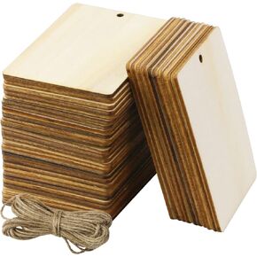 FSWCCK 40 قطعة خشبية غير مكتملة، علامات خشبية ريفية فارغة على شكل مستطيل مع فتحات وفتحات خشبية خفيفة، وحبل قنب 10 متر، للمشروعات اليدوية، والديكورات المعلقة، والرسم، والتلطيخ (2.5 × 3.5) in Kuwait