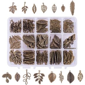 PH PandaHall 150pcs 15 أنماط شجرة أوراق سحر المعلقات، فرع التبت يترك سحر سبائك معدنية ورقة الخرز العتيقة برونزية تتدلى سحر لسقوط القرط سوار قلادة Kaychain صنع المجوهرات