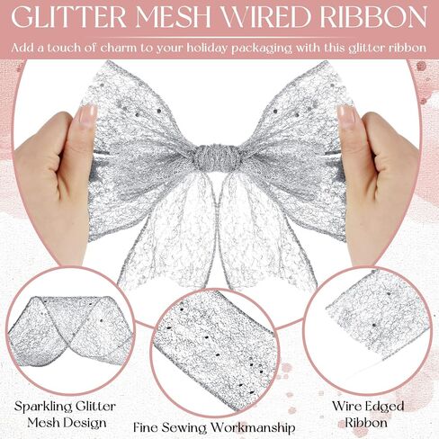 2 Rolls 20 Yards Christmas Ribbon Wired Metallic Ribbons Champagne Glitter Lace Ribbon for Xmas Crafts Valentine Floral Bow Making DIY Gift Wrapping Wedding Party Decor (Champagne,1.5 Inch) in Kuwait