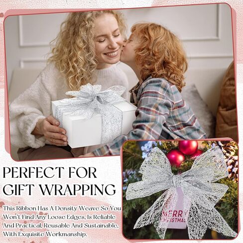 2 Rolls 20 Yards Christmas Ribbon Wired Metallic Ribbons Champagne Glitter Lace Ribbon for Xmas Crafts Valentine Floral Bow Making DIY Gift Wrapping Wedding Party Decor (Champagne,1.5 Inch) in Kuwait