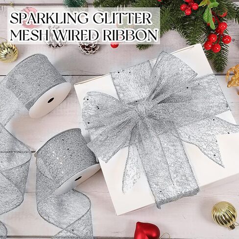 2 Rolls 20 Yards Christmas Ribbon Wired Metallic Ribbons Champagne Glitter Lace Ribbon for Xmas Crafts Valentine Floral Bow Making DIY Gift Wrapping Wedding Party Decor (Champagne,1.5 Inch) in Kuwait