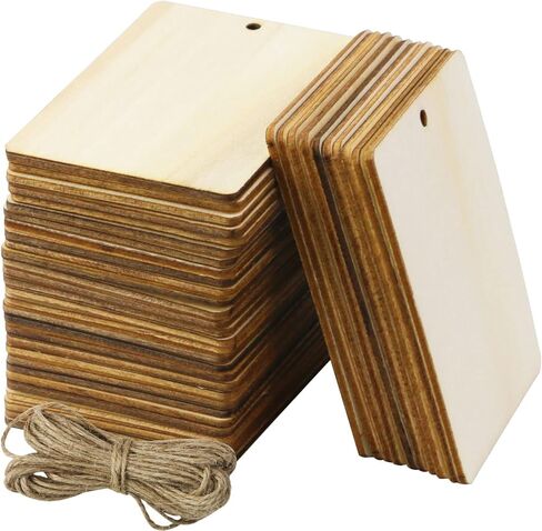 FSWCCK 40 قطعة خشبية غير مكتملة، علامات خشبية ريفية فارغة على شكل مستطيل مع فتحات وفتحات خشبية خفيفة، وحبل قنب 10 متر، للمشروعات اليدوية، والديكورات المعلقة، والرسم، والتلطيخ (2.5 × 3.5) in Kuwait