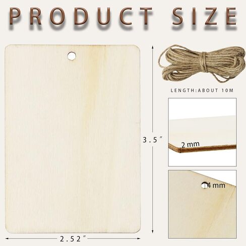 FSWCCK 40 قطعة خشبية غير مكتملة، علامات خشبية ريفية فارغة على شكل مستطيل مع فتحات وفتحات خشبية خفيفة، وحبل قنب 10 متر، للمشروعات اليدوية، والديكورات المعلقة، والرسم، والتلطيخ (2.5 × 3.5) in Kuwait