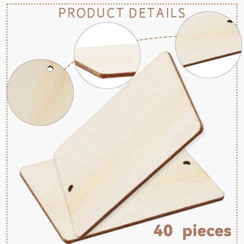 FSWCCK 40 قطعة خشبية غير مكتملة، علامات خشبية ريفية فارغة على شكل مستطيل مع فتحات وفتحات خشبية خفيفة، وحبل قنب 10 متر، للمشروعات اليدوية، والديكورات المعلقة، والرسم، والتلطيخ (2.5 × 3.5) in Kuwait