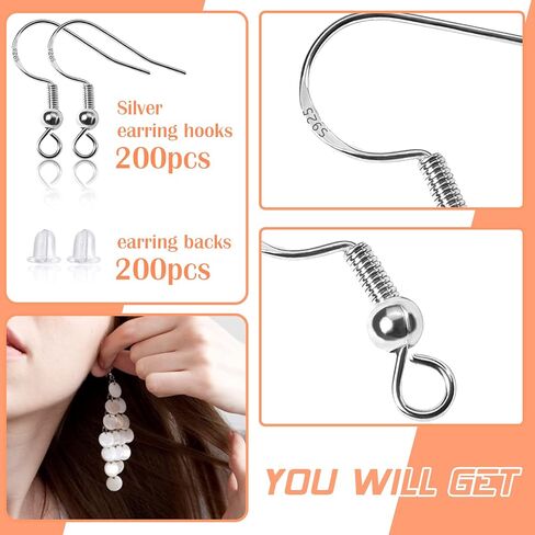 TOAOB 200pcs 925 Silver Plated Earring Hooks Ear Wires Fish Hooks Earring Making Kit with 18mm Antique Bronze Hypoallergenic Earring Hooks and 200pcs Earring Backs for DIY Jewelry Making in Saudi Arabia