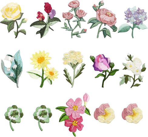 15pcs Mini Flowers Iron On Patches, 13 Patterns Decorative Embroidered Patches, Sew On/Iron On Patch Applique for Jeans, Clothing, Hat, Jacket, Mini Flowers in Kuwait