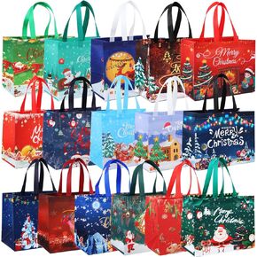 16PCS Christmas Gift Bags,Reusable Gift Bags with Handles, Fabric Christmas Tote Bags, Multifunctional Christmas Bags for Gifts Wrapping Shopping, Xmas Party Supplies Decorations, 12.6"×9.9"×6.7" in Kuwait
