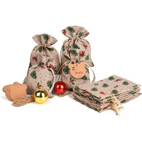 XCFWin 12 Pack Of Christmas Gift Bags With Drawstring Reusable Designs For Christmas Party Supplies Favors (pine branch, 13 * 18cm/5 * 7inch) in Kuwait