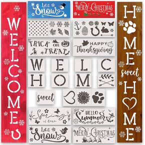 Welcome Stencil, Large Stencils for Painting on Wood Reusable, 26 PC Set to Celebrate Holidays, Home, Easter, Halloween, Christmas, Spring, Large Letter Stencils, American Flag Stencil, Leaf Stencils