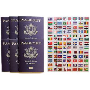 SJPRINTER Passport - Little passports Travelers notebook - Set with travel stickers world flags - Pretend play, party favors, airplane toy, journal notebooks, geography, classroom social study