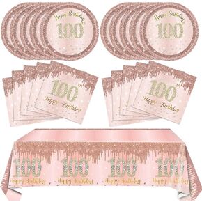 41PCS 100th Birthday Decorations Rose Gold 100 Years Old Birthday Disposable Tableware Include Plates Napkins tablecloth For Women