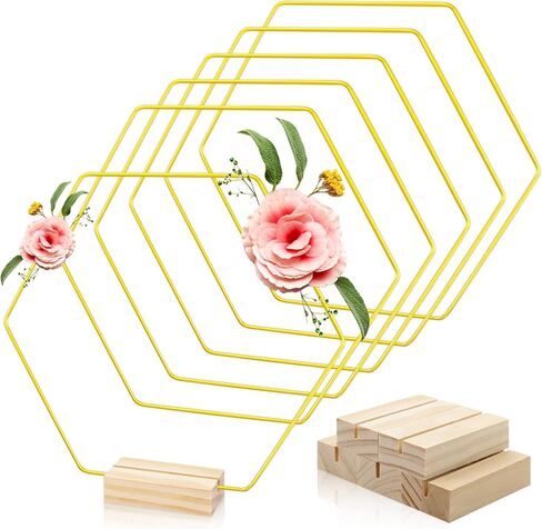 اف اس دبليو سي سي كيه 5 قطع من حلقات معدنية سداسية الشكل مقاس 8 انش للطاولة، حلقة اكليل معدنية مع 5 قطع من حوامل البطاقات الخشبية، اكليل زهور للحرف اليدوية وحفلات الزفاف وتزيين الطاولة المنزلية in Kuwait