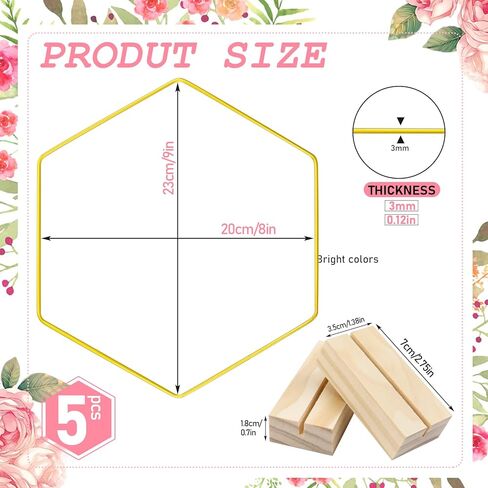 اف اس دبليو سي سي كيه 5 قطع من حلقات معدنية سداسية الشكل مقاس 8 انش للطاولة، حلقة اكليل معدنية مع 5 قطع من حوامل البطاقات الخشبية، اكليل زهور للحرف اليدوية وحفلات الزفاف وتزيين الطاولة المنزلية in Kuwait