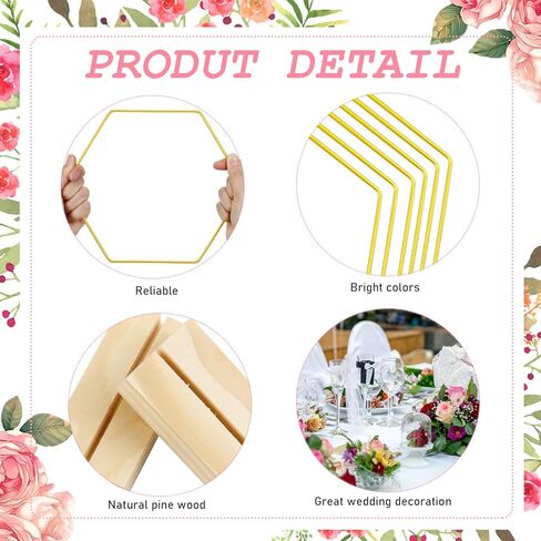 اف اس دبليو سي سي كيه 5 قطع من حلقات معدنية سداسية الشكل مقاس 8 انش للطاولة، حلقة اكليل معدنية مع 5 قطع من حوامل البطاقات الخشبية، اكليل زهور للحرف اليدوية وحفلات الزفاف وتزيين الطاولة المنزلية in Kuwait