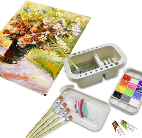 شانجزي حوض فرشاة طلاء، حوض فرشاة بلاستيكي للطلاء المائي، غسالة فرش فنية متعددة الوظائف مع حامل فرشاة، باليت ومقبض للرسم بالألوان المائية في الاماكن المغلقة والمفتوحة in Kuwait